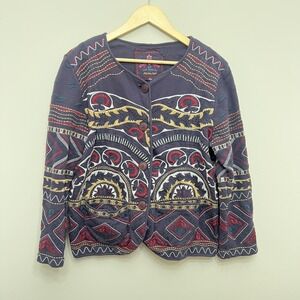 JW Los Angeles Sweater Cardigan Womens Medium Multicolor Embroidered Boho Knit